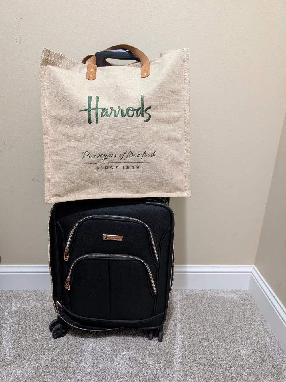 Harrods Jute / Canvas Tote Reusable Shopping/ Personal Bag With Leather Handles